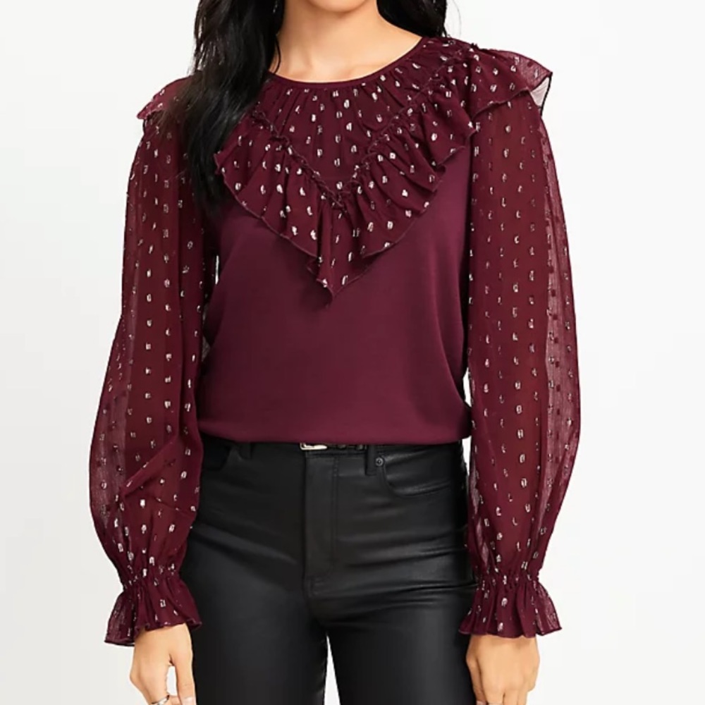 Loft Shimmer Dotted Ruffle Yoke Mixed Media Top in Crushed Blackberry, Size Med